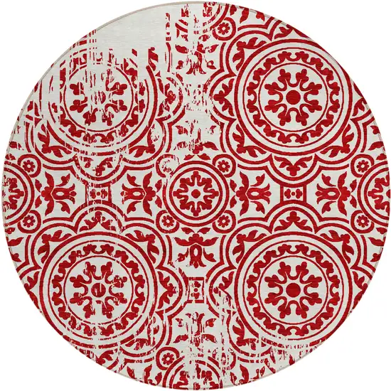8' Red And Ivory Round Medallion Washable Indoor Outdoor Area Rug Photo 1