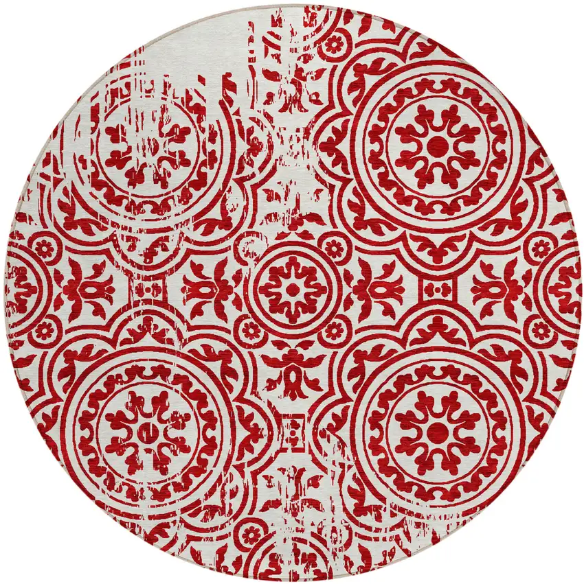 8' Red And Ivory Round Medallion Washable Indoor Outdoor Area Rug Photo 1