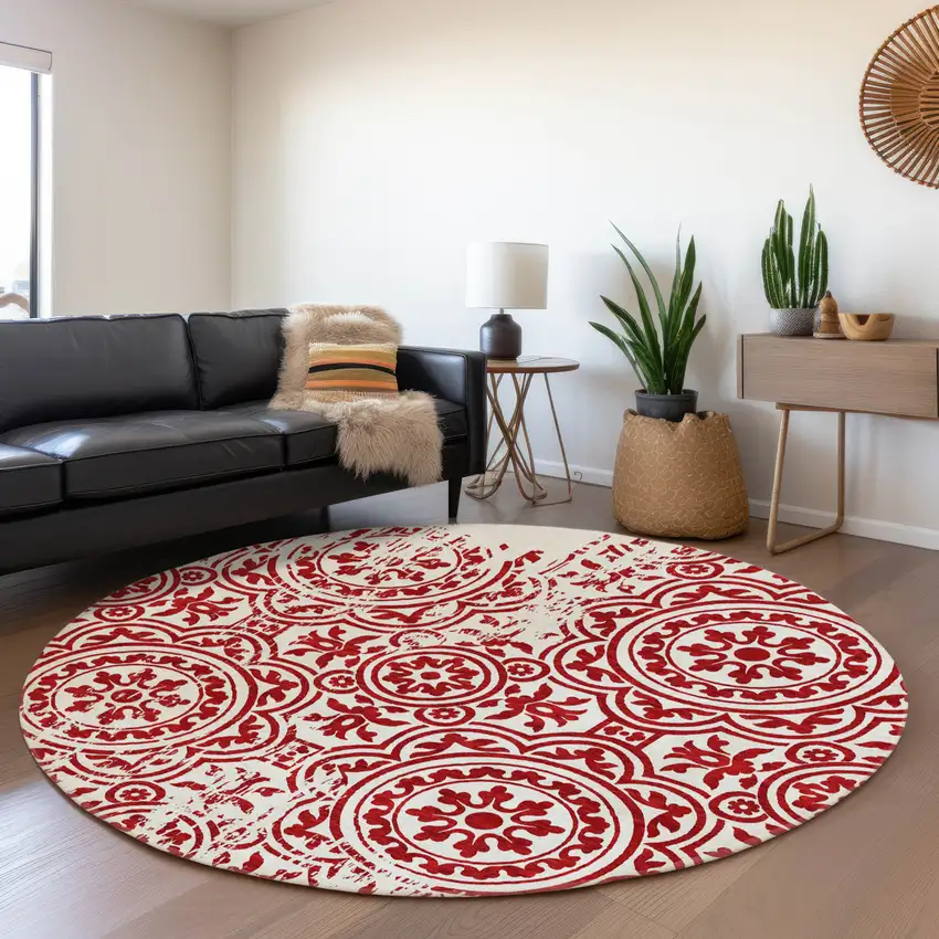 8' Red And Ivory Round Medallion Washable Indoor Outdoor Area Rug Photo 7