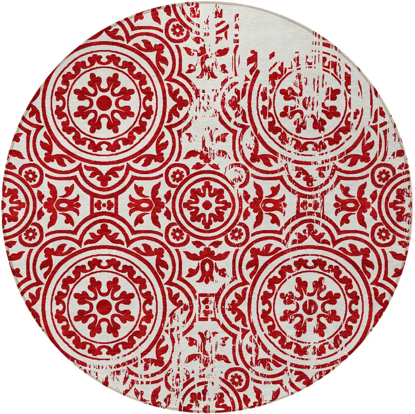 8' Red And Ivory Round Medallion Washable Indoor Outdoor Area Rug Photo 5