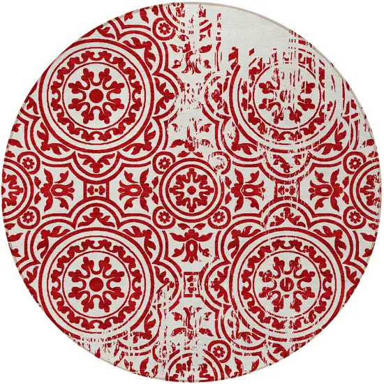 8' Red And Ivory Round Medallion Washable Indoor Outdoor Area Rug Photo 5