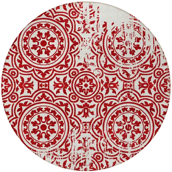 8' Red And Ivory Round Medallion Washable Indoor Outdoor Area Rug Photo 5