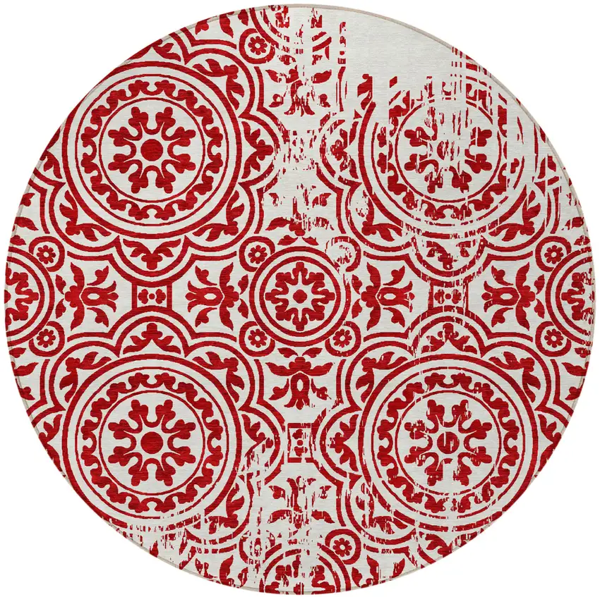 8' Red And Ivory Round Medallion Washable Indoor Outdoor Area Rug Photo 5