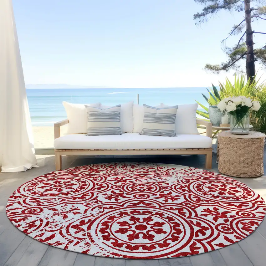 8' Red And Ivory Round Medallion Washable Indoor Outdoor Area Rug Photo 6