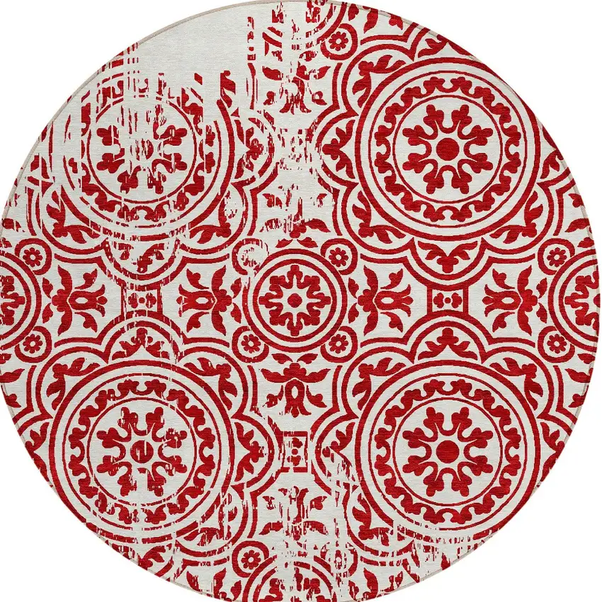 8' Red And Ivory Round Medallion Washable Indoor Outdoor Area Rug Photo 4