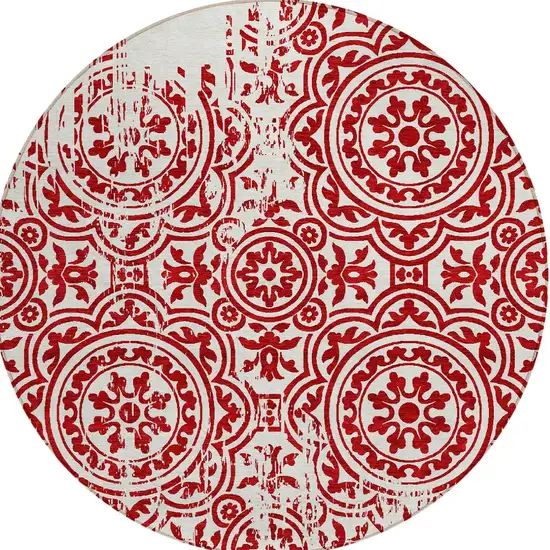 8' Red And Ivory Round Medallion Washable Indoor Outdoor Area Rug Photo 4