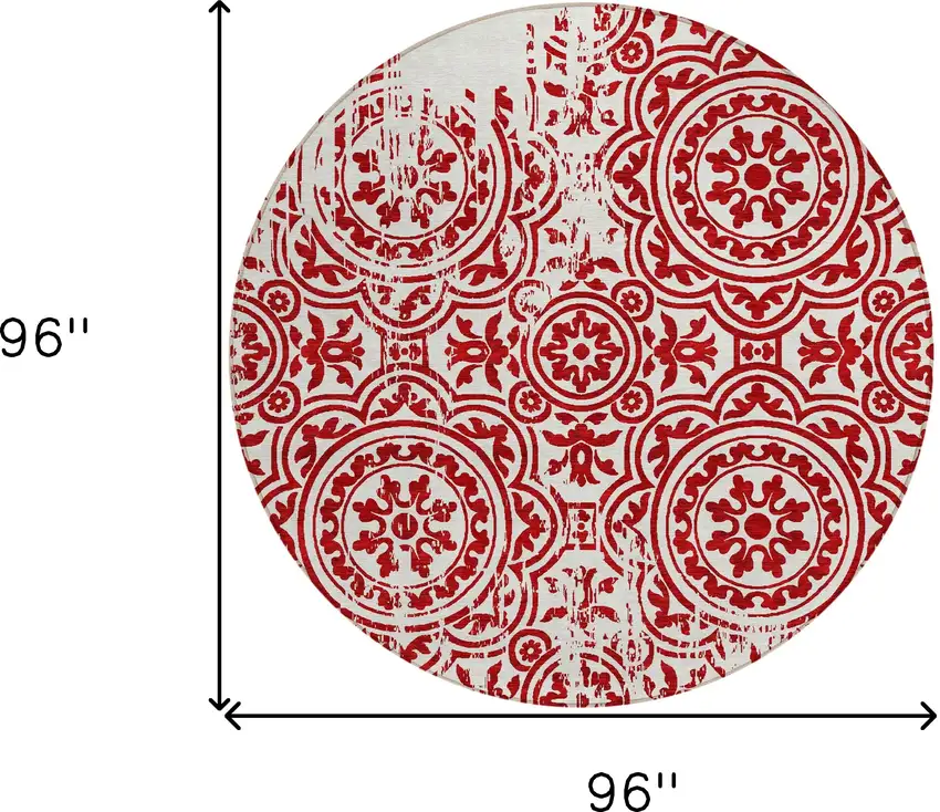 8' Red And Ivory Round Medallion Washable Indoor Outdoor Area Rug Photo 8