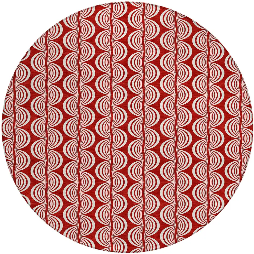 8' Red And Ivory Round Ogee Washable Indoor Outdoor Area Rug Photo 2