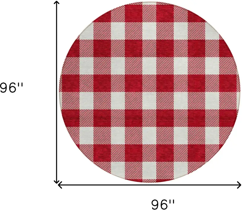 8' Red And Ivory Round Plaid Washable Indoor Outdoor Area Rug Photo 3