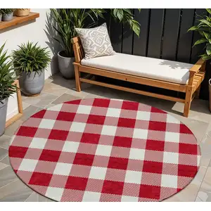 Photo of 8' Red And Ivory Round Plaid Washable Indoor Outdoor Area Rug