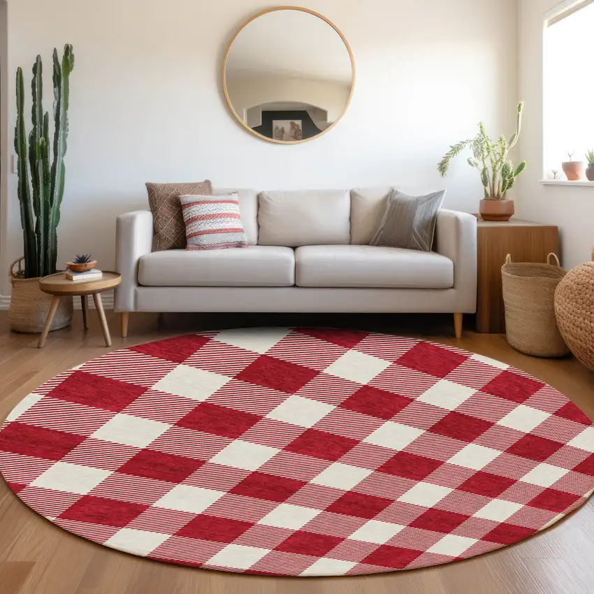 8' Red And Ivory Round Plaid Washable Indoor Outdoor Area Rug Photo 7