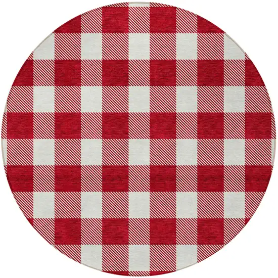 8' Red And Ivory Round Plaid Washable Indoor Outdoor Area Rug Photo 5