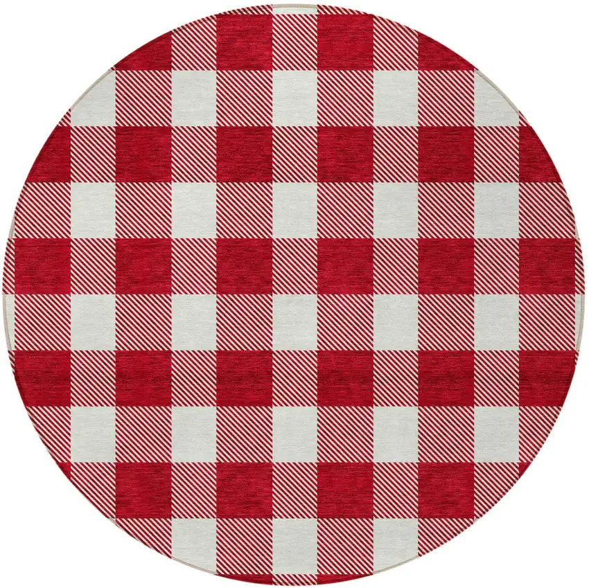 8' Red And Ivory Round Plaid Washable Indoor Outdoor Area Rug Photo 5