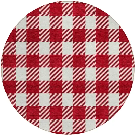 8' Red And Ivory Round Plaid Washable Indoor Outdoor Area Rug Photo 2