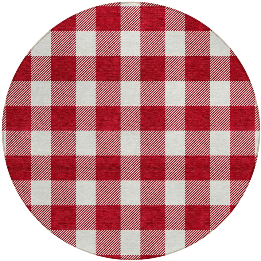 8' Red And Ivory Round Plaid Washable Indoor Outdoor Area Rug Photo 2