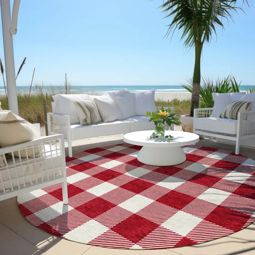 8' Red And Ivory Round Plaid Washable Indoor Outdoor Area Rug Photo 6