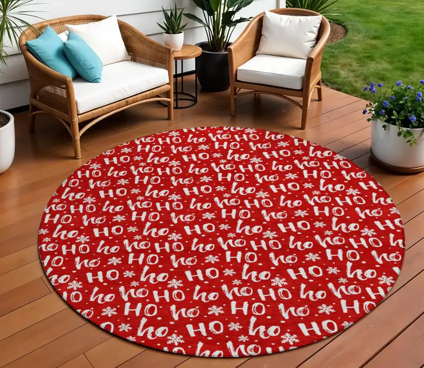 8' Red And Ivory Round Polka Dot Washable Indoor Outdoor Area Rug Photo 2