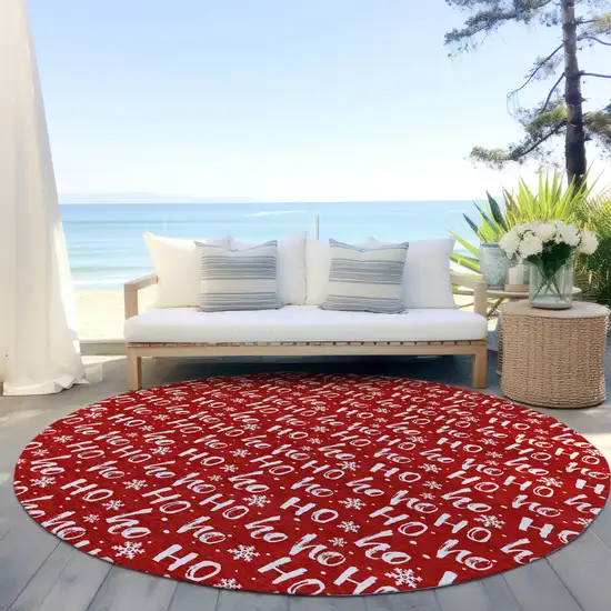 8' Red And Ivory Round Polka Dot Washable Indoor Outdoor Area Rug Photo 5