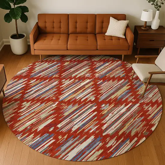 8' Red And Ivory Round Southwestern Washable Indoor Outdoor Area Rug Photo 5