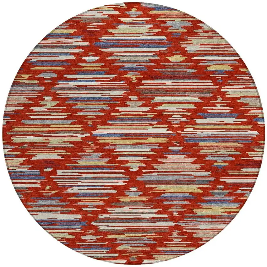 8' Red And Ivory Round Southwestern Washable Indoor Outdoor Area Rug Photo 3