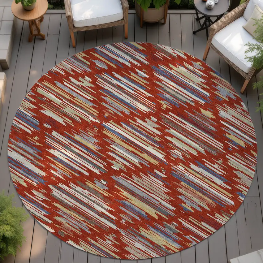 8' Red And Ivory Round Southwestern Washable Indoor Outdoor Area Rug Photo 4