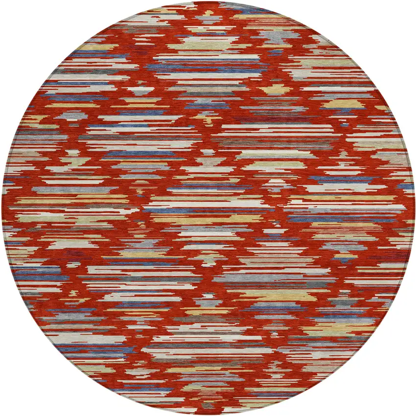8' Red And Ivory Round Southwestern Washable Indoor Outdoor Area Rug Photo 1