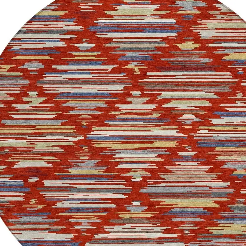 8' Red And Ivory Round Southwestern Washable Indoor Outdoor Area Rug Photo 2