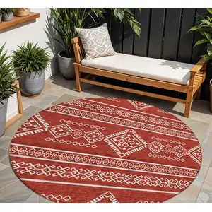 Photo of 8' Red And Ivory Round Southwestern Washable Indoor Outdoor Area Rug