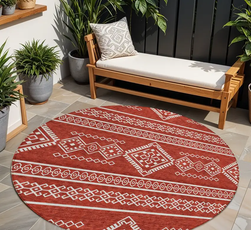 8' Red And Ivory Round Southwestern Washable Indoor Outdoor Area Rug Photo 1