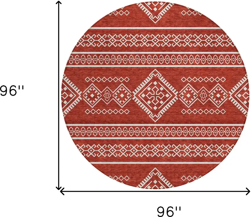 8' Red And Ivory Round Southwestern Washable Indoor Outdoor Area Rug Photo 3