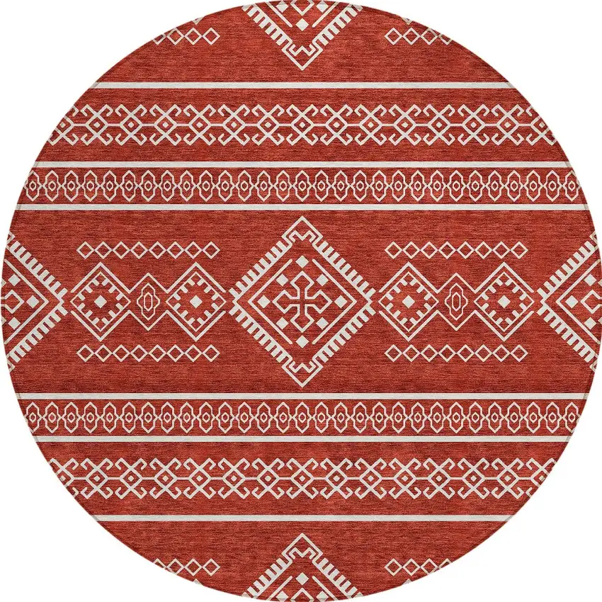 8' Red And Ivory Round Southwestern Washable Indoor Outdoor Area Rug Photo 6