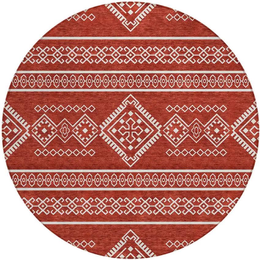 8' Red And Ivory Round Southwestern Washable Indoor Outdoor Area Rug Photo 2