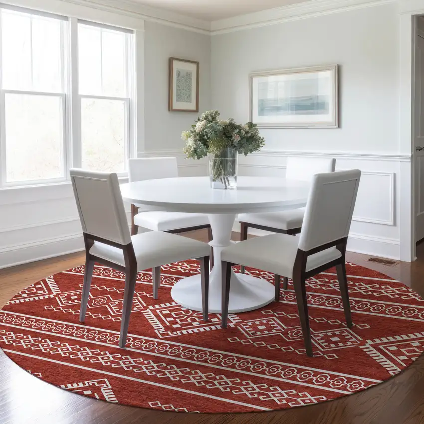 8' Red And Ivory Round Southwestern Washable Indoor Outdoor Area Rug Photo 8