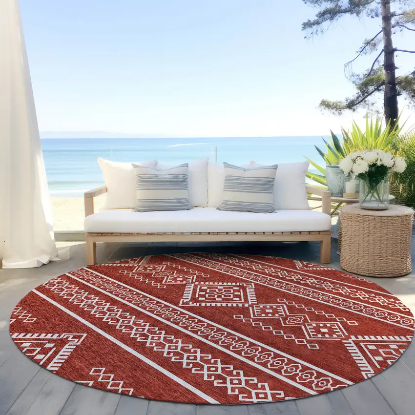 8' Red And Ivory Round Southwestern Washable Indoor Outdoor Area Rug Photo 7