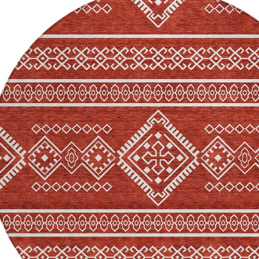 8' Red And Ivory Round Southwestern Washable Indoor Outdoor Area Rug Photo 4