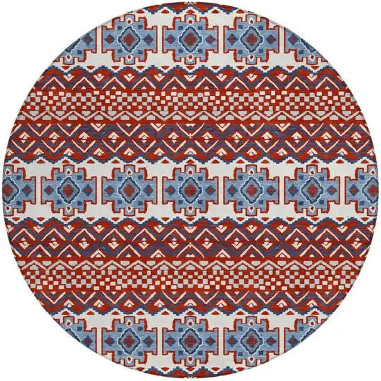 8' Red And Ivory Round Striped Washable Indoor Outdoor Area Rug Photo 2