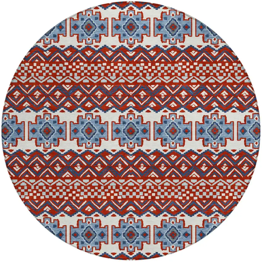 8' Red And Ivory Round Striped Washable Indoor Outdoor Area Rug Photo 2