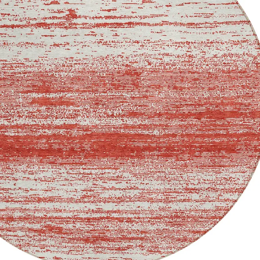 8' Red And Ivory Round Striped Washable Indoor Outdoor Area Rug Photo 4