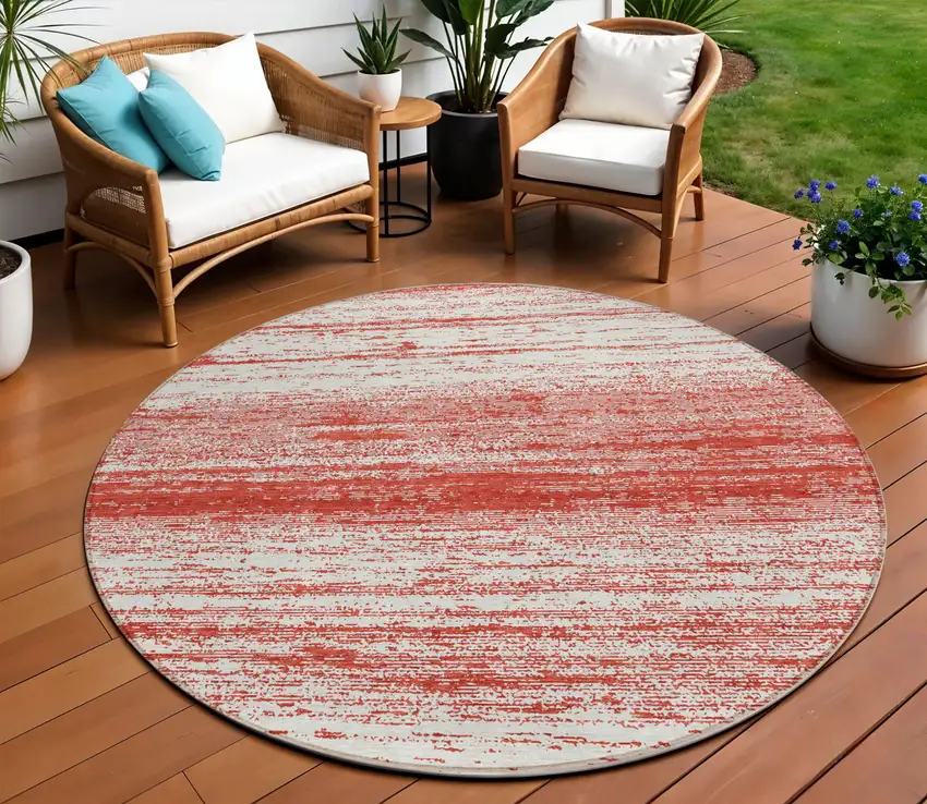 8' Red And Ivory Round Striped Washable Indoor Outdoor Area Rug Photo 1