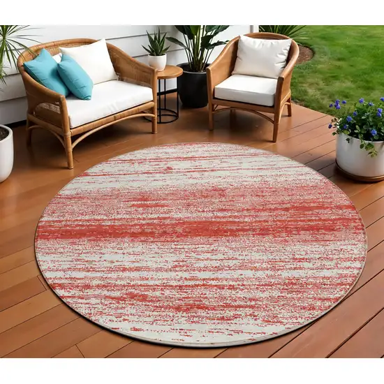 8' Red And Ivory Round Striped Washable Indoor Outdoor Area Rug Photo 1
