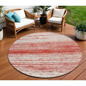 Photo of 8' Red And Ivory Round Striped Washable Indoor Outdoor Area Rug