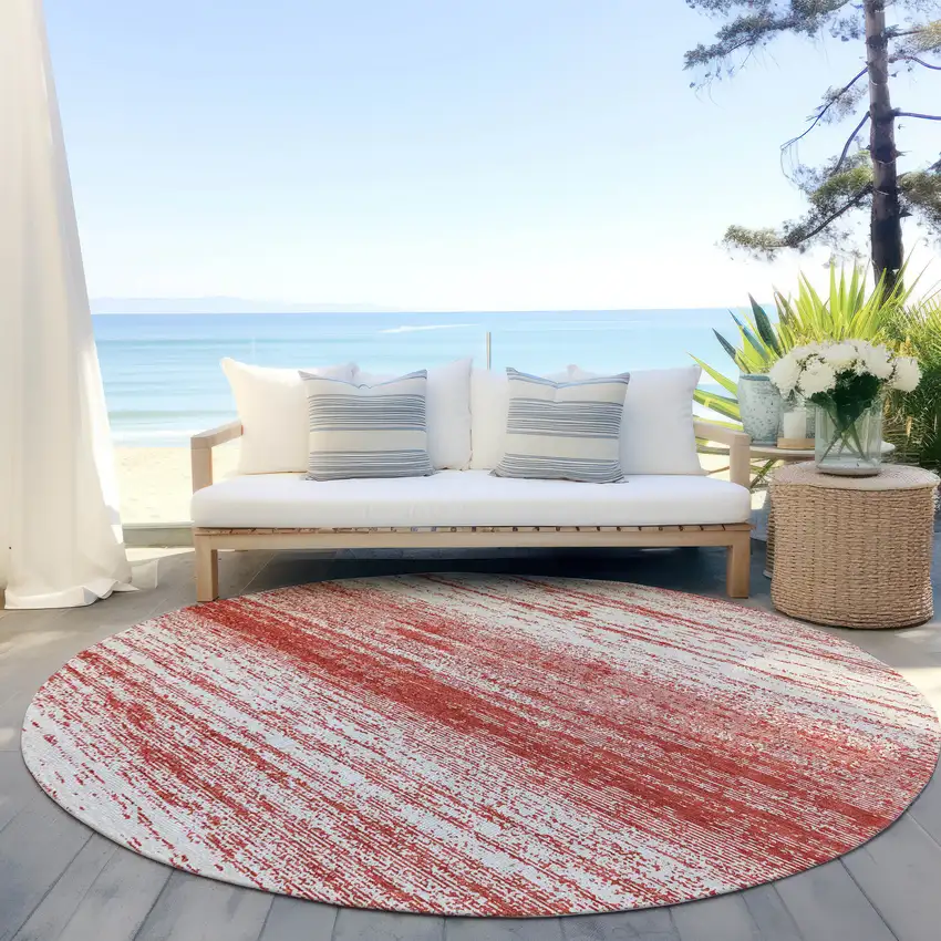 8' Red And Ivory Round Striped Washable Indoor Outdoor Area Rug Photo 6