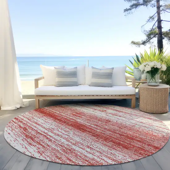 8' Red And Ivory Round Striped Washable Indoor Outdoor Area Rug Photo 6
