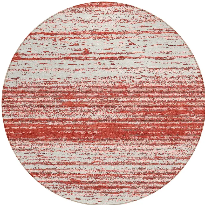 8' Red And Ivory Round Striped Washable Indoor Outdoor Area Rug Photo 5