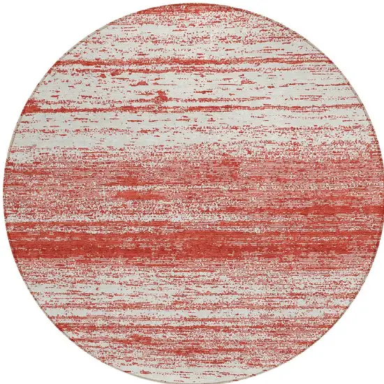 8' Red And Ivory Round Striped Washable Indoor Outdoor Area Rug Photo 5