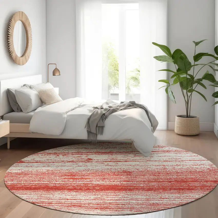 8' Red And Ivory Round Striped Washable Indoor Outdoor Area Rug Photo 7