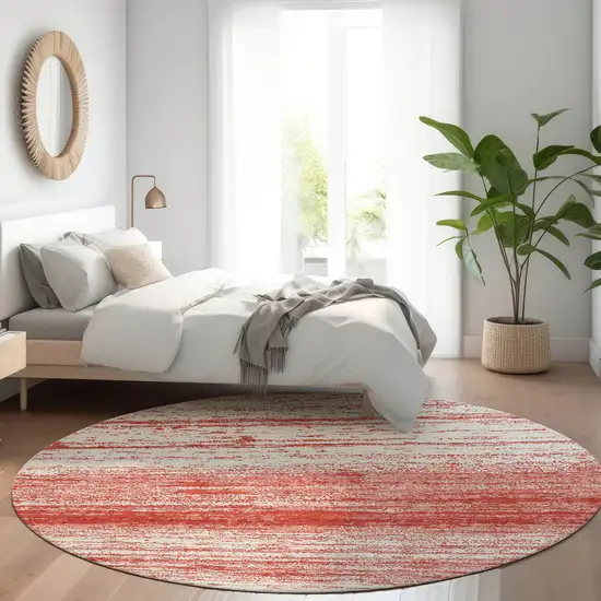 8' Red And Ivory Round Striped Washable Indoor Outdoor Area Rug Photo 7