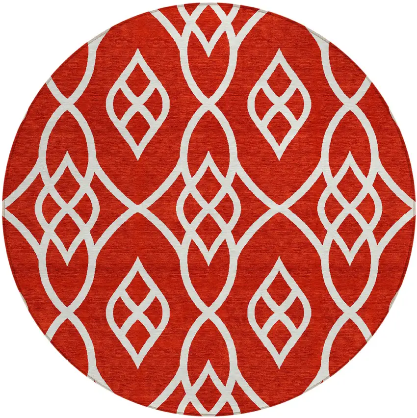 8' Red And Ivory Round Trellis Washable Indoor Outdoor Area Rug Photo 2
