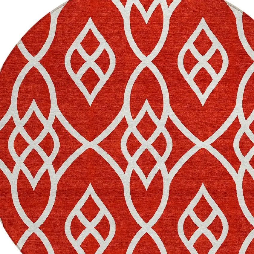 8' Red And Ivory Round Trellis Washable Indoor Outdoor Area Rug Photo 4