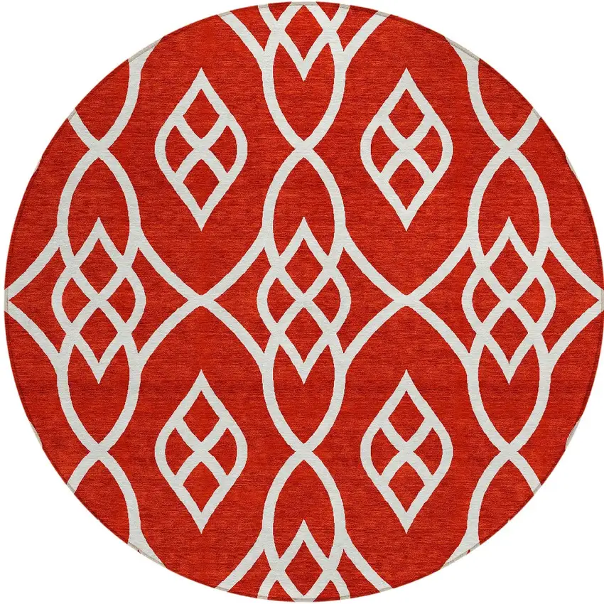 8' Red And Ivory Round Trellis Washable Indoor Outdoor Area Rug Photo 5